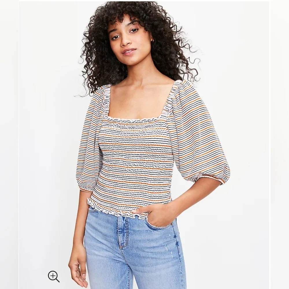 LOFT Striped Smocked Drape Sleeve Top - Picture 6 of 9